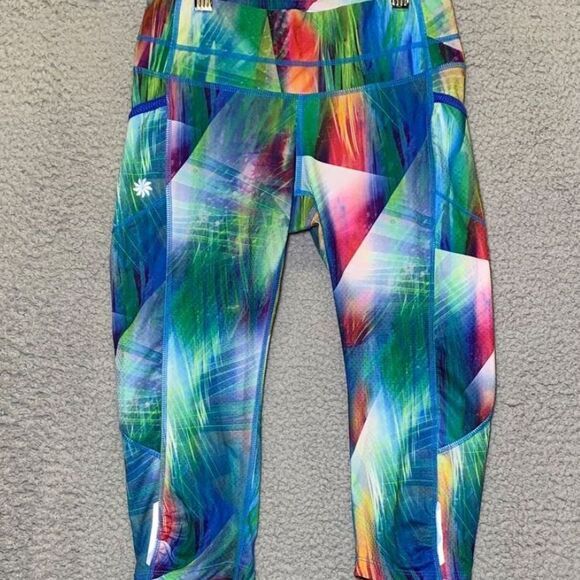 Athleta Leggings Women 2XS Green Blue Multi Geo Stretch Cropped Yoga Gym Workout - Picture 1 of 7